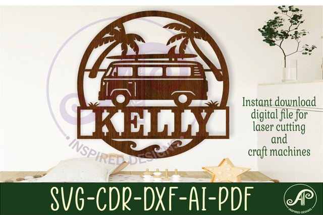 Beach camper van themed name sign svg laser SVG APInspireddesigns 