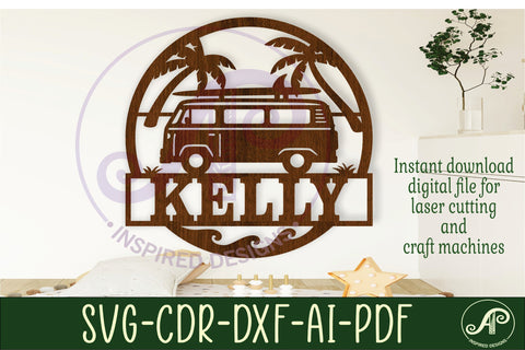 Beach camper van themed name sign svg laser SVG APInspireddesigns 