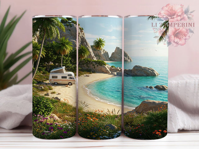 Beach Camping RV Summer Tumbler Wrap, RV Camper Tumbler Wrap Design PNG, Seamless 20oz Sublimation Tumbler Template, Motorhome PNG, Summer Vibes Sublimation Li Zamperini 