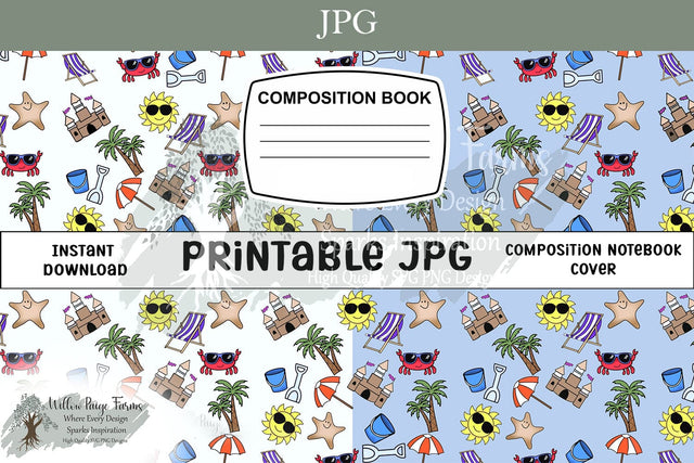 Beach Composition Notebook Cover Printable – Crab, Sandcastle, Umbrella, & More Sublimation Willow Paige Farms 