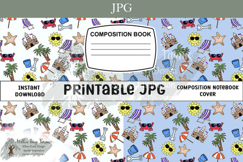 Beach Composition Notebook Cover Printable – Crab, Sandcastle, Umbrella, & More Sublimation Willow Paige Farms 