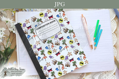 Beach Composition Notebook Cover Printable – Crab, Sandcastle, Umbrella, & More Sublimation Willow Paige Farms 
