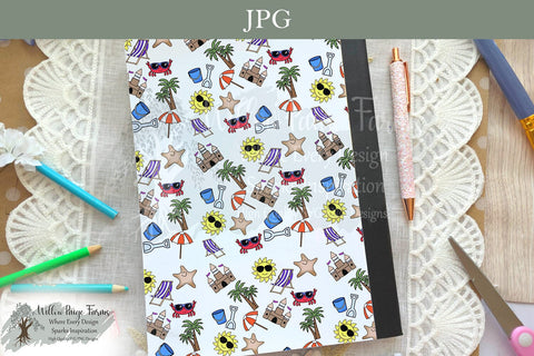 Beach Composition Notebook Cover Printable – Crab, Sandcastle, Umbrella, & More Sublimation Willow Paige Farms 