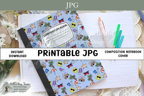 Beach Composition Notebook Cover Printable – Crab, Sandcastle, Umbrella, & More Sublimation Willow Paige Farms 