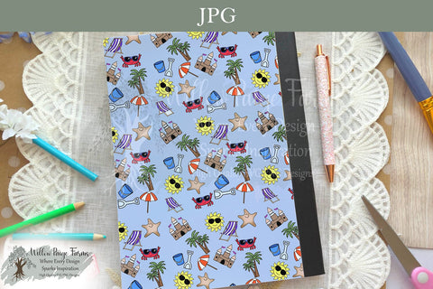 Beach Composition Notebook Cover Printable – Crab, Sandcastle, Umbrella, & More Sublimation Willow Paige Farms 