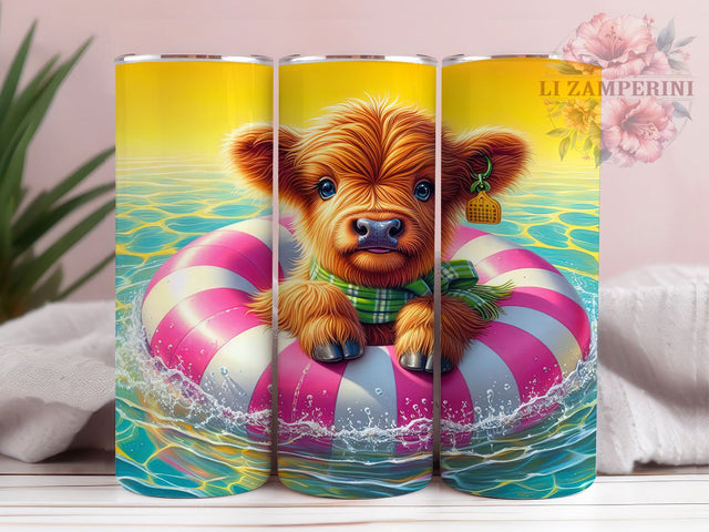 Beach Cow Donut 20oz Tumbler, Fluffy Highland Calf, Inflatable Donut Ring, Pink And Yellow Float, Cow On The Beach, 20oz Tumbler Wrap, Summer Vibes Sublimation Sublimation Li Zamperini 
