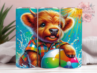 Beach Cow Smile 20oz Tumbler, Joyful Calf Smile, Colorful Beach Ball, Playful Cow Design, Cow On The Beach, 20oz Tumbler Wrap, Summer Vibes Sublimation Sublimation Li Zamperini 
