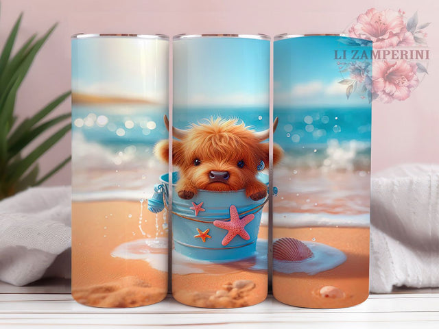 Beach Cow Tropical 20oz Tumbler, Playful Highland Cow, Young Cow Sublimation, Cow On The Beach, Summer Vibes PNG, 20oz Tumbler Wrap, Tropical Cow Design Sublimation Li Zamperini 