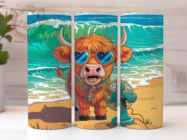 Beach Cow Vibes 20oz Tumbler, Fluffy Cow Sublimation, Orange Fur Cow, Playful Cow Design, Beach Vibes PNG, 20oz Tumbler Wrap, Summer Vibes Wrap Sublimation Lara' s Designs 