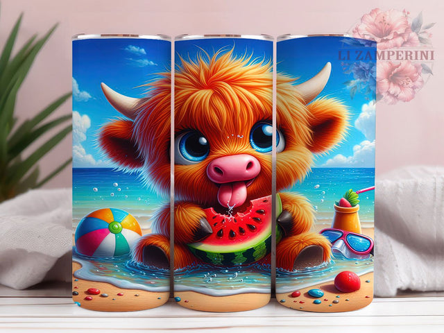 Beach Cow Watermelon 20oz Tumbler, Watermelon Slice Sublimation, Bright Green Watermelon, Cow On The Beach, Summer Vibes PNG, 20oz Tumbler Wrap, Playful Cow Design Sublimation Li Zamperini 