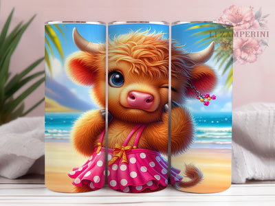 Beach Cow Wink 20oz Tumbler, Fluffy Highland Calf, Playful Wink Cow, Cow On The Beach, Summer Vibes PNG, 20oz Tumbler Wrap, Tropical Cow Design Sublimation Li Zamperini 