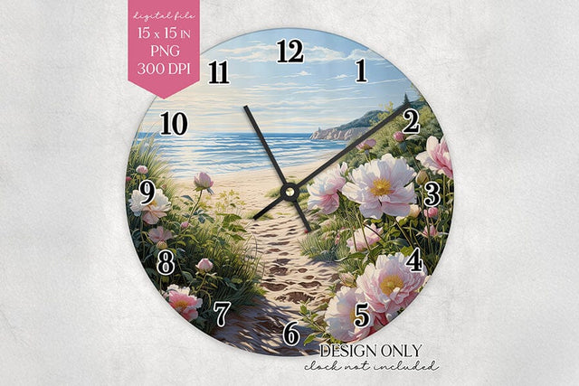 Beach Floral Wall Clock Sublimation Design PNG Sublimation BijouBay 