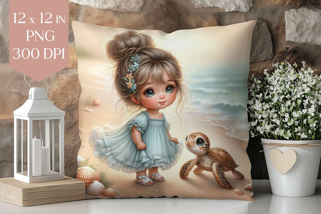 Beach Girl & Turtle Pillow PNG, Coastal Sublimation Design Sublimation BijouBay 