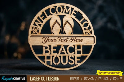 Beach House Welcome Sign Laser Cut Design – Coastal Theme with Flip‑Flops SVG Regulrcrative 