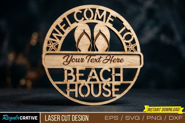 Beach House Welcome Sign Laser Cut Design – Coastal Theme with Flip‑Flops SVG Regulrcrative 