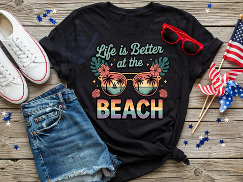 Beach Life Sunset T-Shirt PNG, Brown Sunglasses, Palm Trees, Sailboat Scene, Setting Sun, Skinny Tumbler, Sublimation PNG Sublimation ToriDesigns 