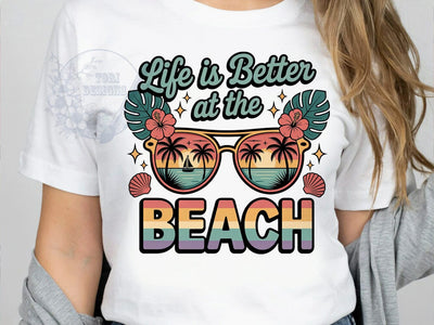 Beach Life Sunset T-Shirt PNG, Brown Sunglasses, Palm Trees, Sailboat Scene, Setting Sun, Skinny Tumbler, Sublimation PNG Sublimation ToriDesigns 