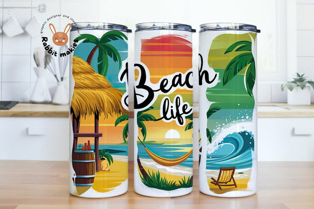 Beach Life Tumbler Png, Summer Vacation Sublimation Design, Tropical Beach Scene Png, Retro Palm Tree Png Shirt Design Sublimation Rabbitmakies 