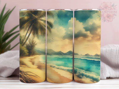 Beach Ocean Palm Trees 20oz Skinny Tumbler, Ocean Tumbler Wrap PNG, Straight & Tapered Tumbler Wrap, Instant Digital Download Sublimation Li Zamperini 
