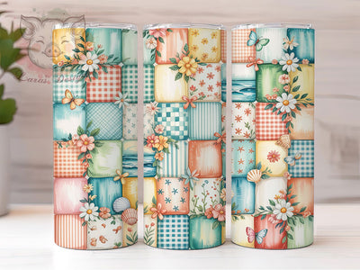 Beach Patchwork Seaside 20oz Tumbler, Coastal Floral, Pastel Beach, Ultra Charming, Seaside Aesthetic, 20oz Tumbler Wrap, Sublimation PNG Sublimation Lara' s Designs 