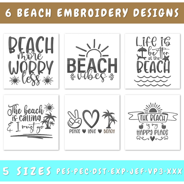 Beach Quotes Embroidery Designs Bundle - 6 Designs, Beach Embroidery Patterns, Beach Sayings Embroidery Files, Vacation Embroidery Files Embroidery/Applique DESIGNS HappyDesignStudio 