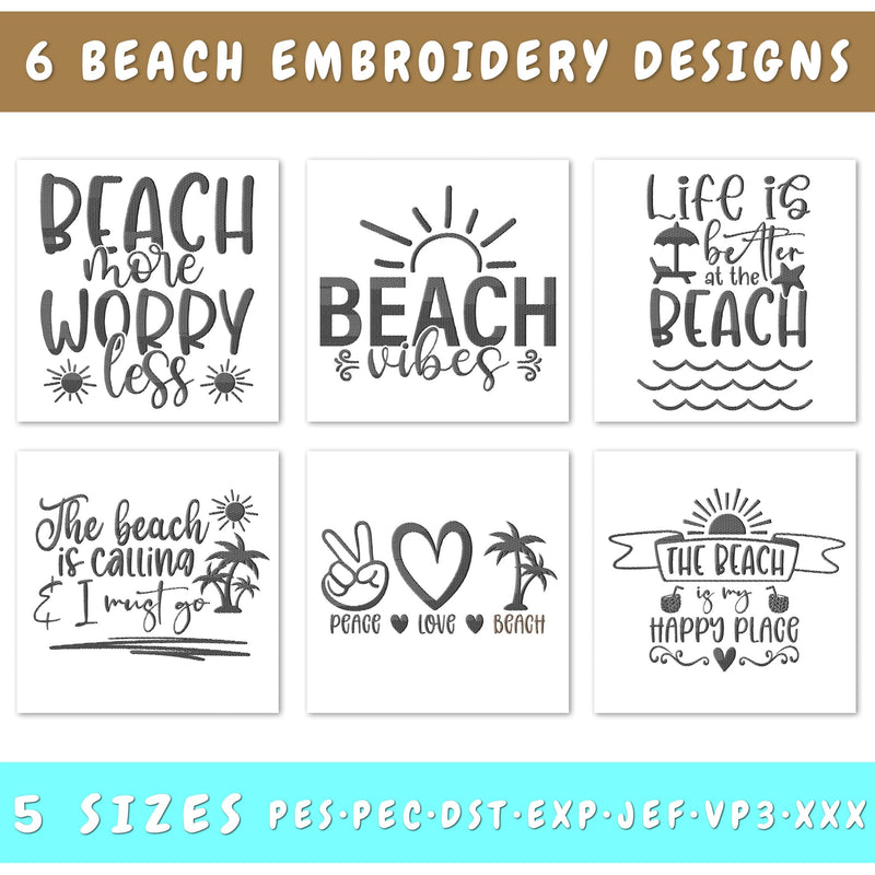 Beach Quotes Embroidery Designs Bundle - 6 Designs, Beach Embroidery Patterns, Beach Sayings Embroidery Files, Vacation Embroidery Files Embroidery/Applique DESIGNS HappyDesignStudio 