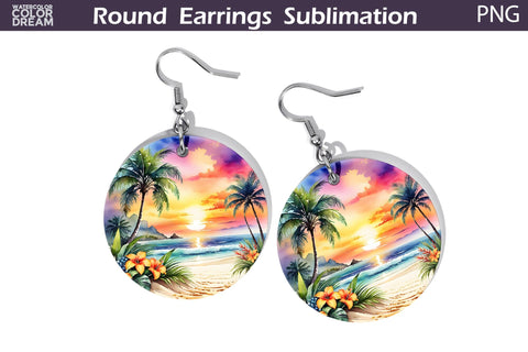 Beach Round Earrings | Beach Sunset Earrings Sublimation Sublimation WatercolorColorDream 