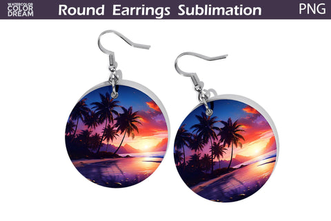 Beach Round Earrings | Beach Sunset Earrings Sublimation Sublimation WatercolorColorDream 