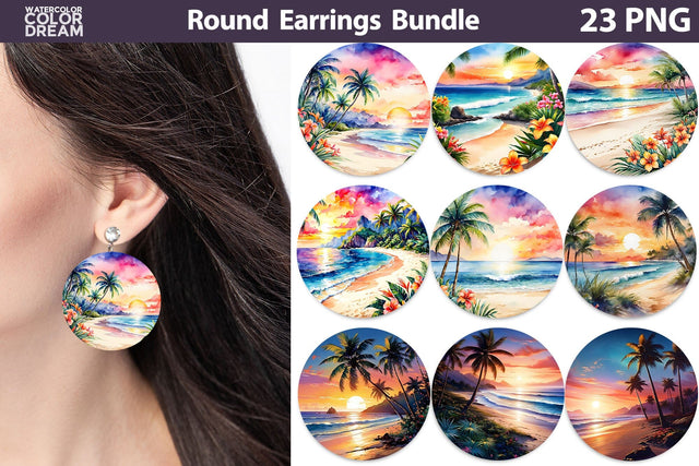 Beach Round Earrings | Beach Sunset Earrings Sublimation Sublimation WatercolorColorDream 