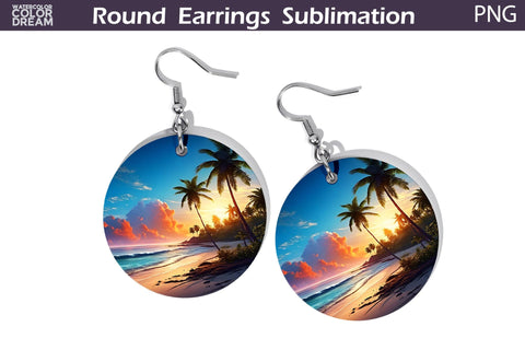 Beach Round Earrings | Beach Sunset Earrings Sublimation Sublimation WatercolorColorDream 