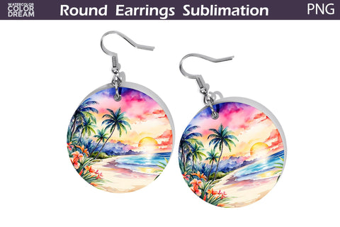 Beach Round Earrings | Beach Sunset Earrings Sublimation Sublimation WatercolorColorDream 