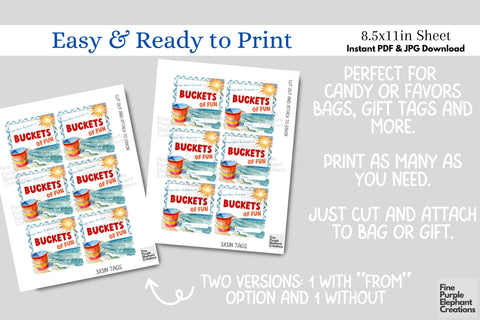 Beach Sand Bucket Fun Printable Favor Tag Label - End School Year Summer Vacation Digital Pattern Fine Purple Elephant Creations 