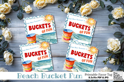 Beach Sand Bucket Fun Printable Favor Tag Label - End School Year Summer Vacation Digital Pattern Fine Purple Elephant Creations 
