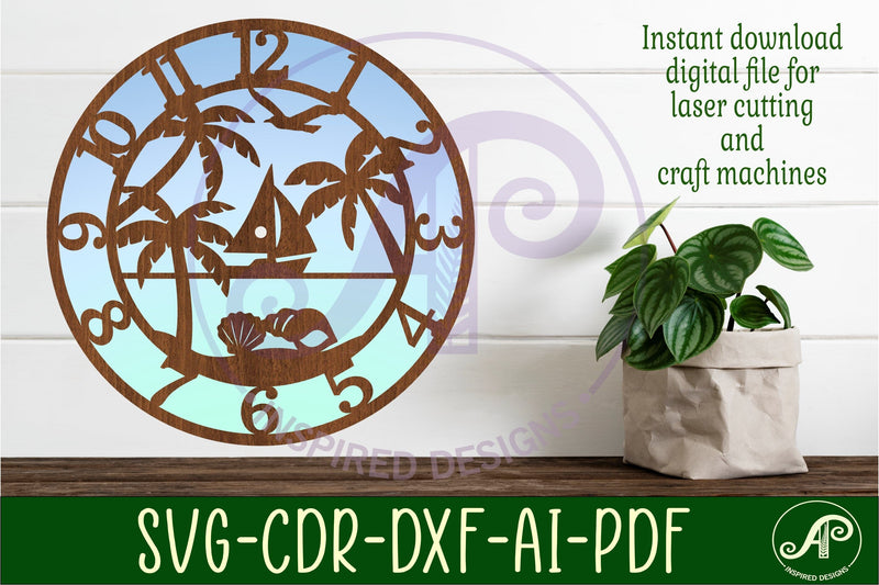 Beach scene wall clock laser cut files, SVG file. SVG APInspireddesigns 