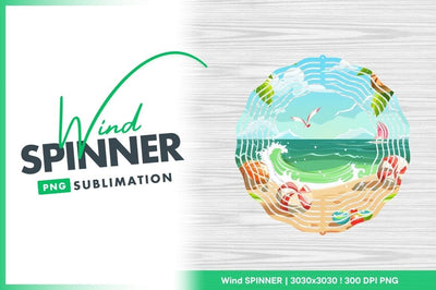 Beach Scene Wind Spinner Round Png Design with Waves Seagull and Sand Sublimation Regulrcrative 