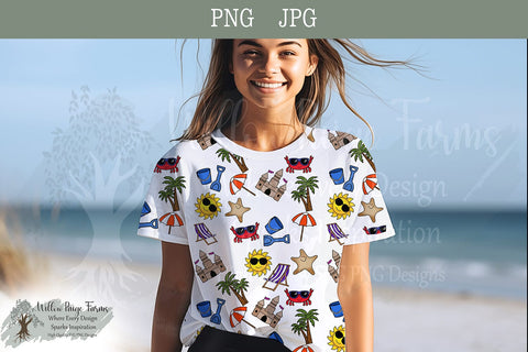 Beach Seamless 12 x 12 pattern hand-drawn elements including sun beach chair palm tree bucket/shovel sandcastle crab starfish beach umbrella Sublimation Willow Paige Farms 