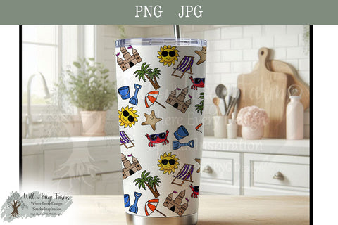 Beach Seamless 12 x 12 pattern hand-drawn elements including sun beach chair palm tree bucket/shovel sandcastle crab starfish beach umbrella Sublimation Willow Paige Farms 