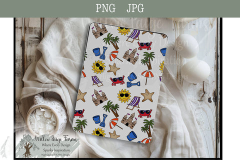 Beach Seamless 12 x 12 pattern hand-drawn elements including sun beach chair palm tree bucket/shovel sandcastle crab starfish beach umbrella Sublimation Willow Paige Farms 