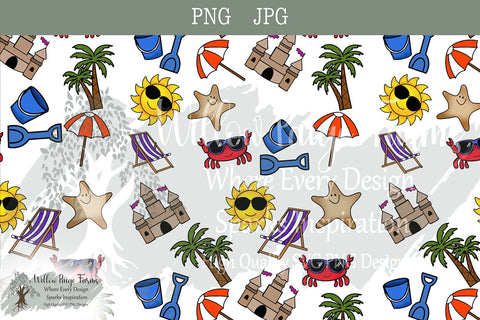 Beach Seamless 12 x 12 pattern hand-drawn elements including sun beach chair palm tree bucket/shovel sandcastle crab starfish beach umbrella Sublimation Willow Paige Farms 