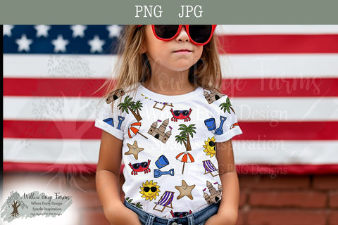 Beach Seamless 12 x 12 pattern hand-drawn elements including sun beach chair palm tree bucket/shovel sandcastle crab starfish beach umbrella Sublimation Willow Paige Farms 