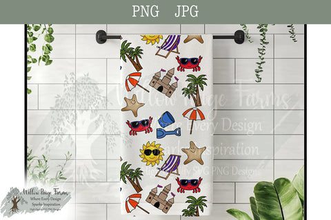 Beach Seamless 12 x 12 pattern hand-drawn elements including sun beach chair palm tree bucket/shovel sandcastle crab starfish beach umbrella Sublimation Willow Paige Farms 