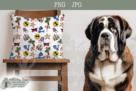 Beach Seamless 12 x 12 pattern hand-drawn elements including sun beach chair palm tree bucket/shovel sandcastle crab starfish beach umbrella Sublimation Willow Paige Farms 