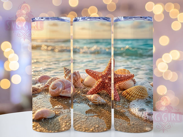 Beach Seashell Starfish 20oz Tumbler, Beach Theme, Seashell Motif, Starfish Design, Coastal Charm, Ocean Accent, Sublimation Wrap, 20oz Tumbler Sublimation SvggirlplusArt 