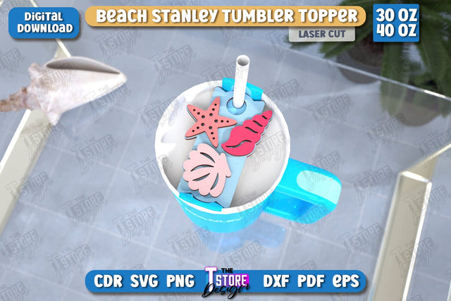 Beach Stanley Topper Laser Cut | Summer Design | Tumbler Tag | Stanley Cup Accessories | CNC File SVG The T Store Design 