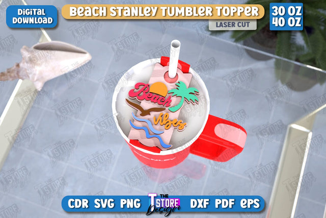 Beach Stanley Topper Laser Cut | Summer Design | Tumbler Tag | Stanley Cup Accessories | CNC File SVG The T Store Design 