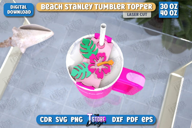 Beach Stanley Topper Laser Cut | Summer Design | Tumbler Tag | Stanley Cup Accessories | CNC File SVG The T Store Design 
