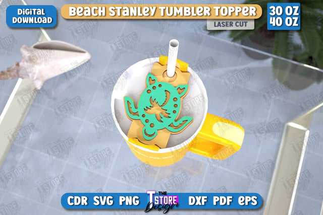 Beach Stanley Topper Laser Cut | Summer Design | Tumbler Tag | Stanley Cup Accessories | CNC File SVG The T Store Design 
