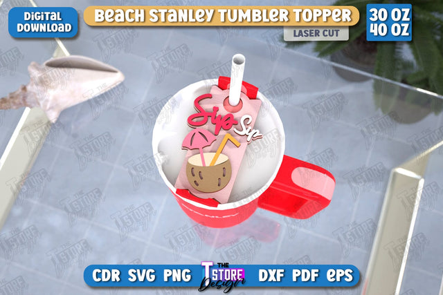 Beach Stanley Topper Laser Cut | Summer Design | Tumbler Tag | Stanley Cup Accessories | CNC File SVG The T Store Design 