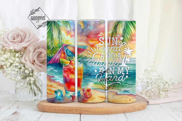 Beach Summer Vacation Tumbler Wrap, 20 oz Skinny Tumbler Sublimation Design, Sun Sand And A Drink In My Hand, Digital Download PNG Sublimation sassyprint 