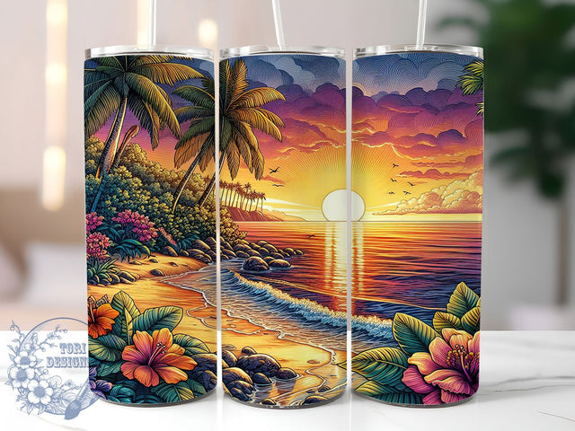 Beach Sunset Ocean Tropical Vibes Tumbler, Sunset Tumbler, Ocean Tumbler, Tropical Tumbler, Summer Vibes Tumbler, 20oz Sublimation Wrap, Coastal Tumbler Sublimation ToriDesigns 
